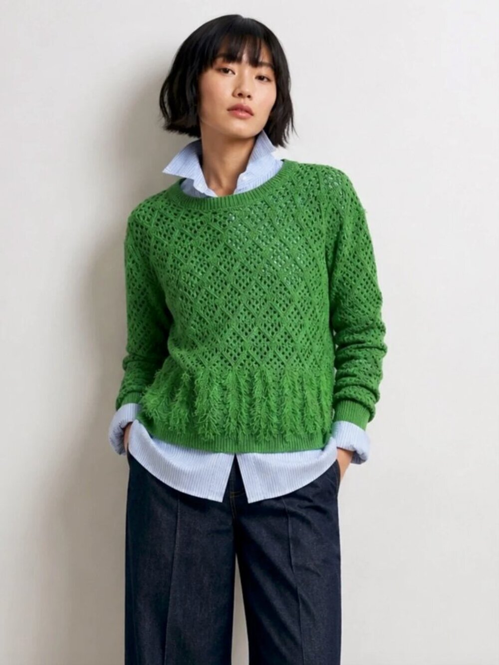 J Crew Pointelle Crewneck Sweater with Fringe